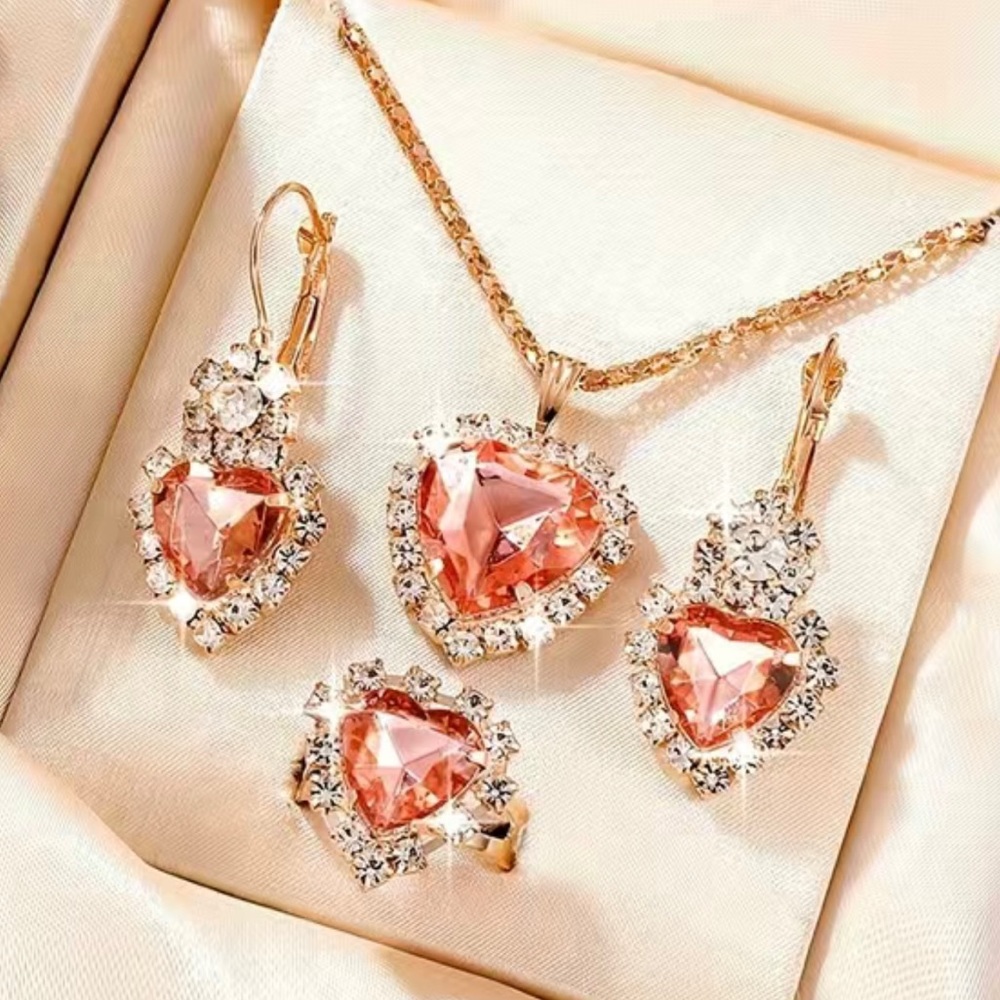 Absolutely Beautiful Pink Heart Necklace, Earrings and Ring Set 3 Piece